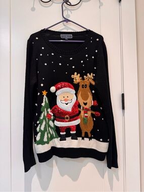 Karen Scott Black 3D Sequin Santa & Reindeer Holiday Sweater